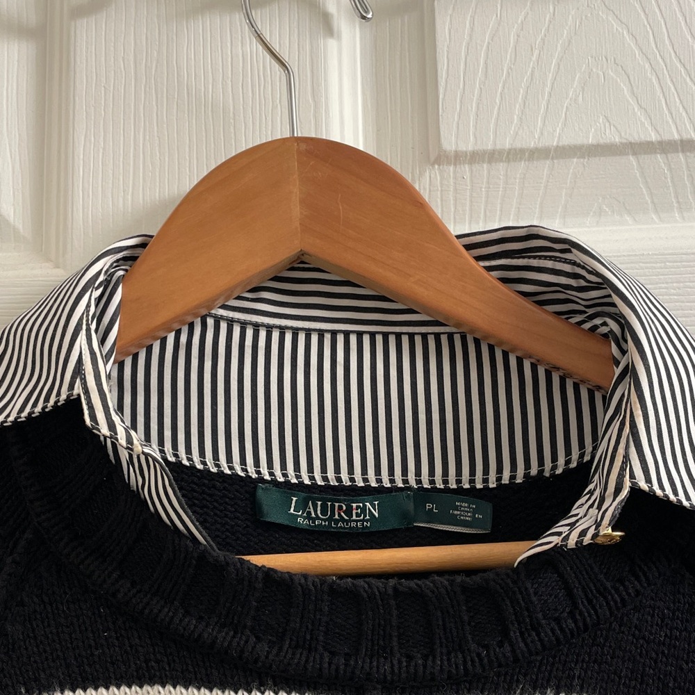 Ralph Lauren Polo Black & Cream Striped Layered Bullion Patched Sweater Size PL - Picture 4 of 17